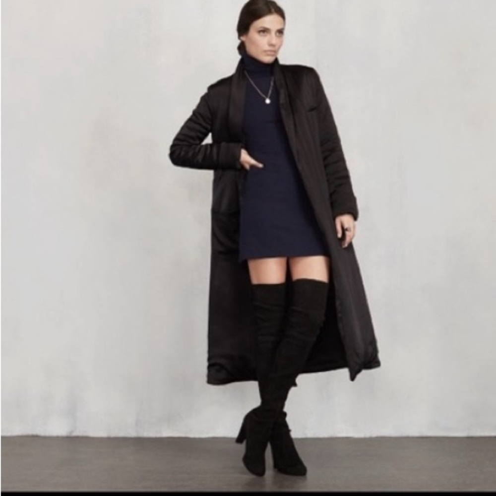 Reformation Navy blue and Black Satin Krishna Puffy Coat smoking jacket small